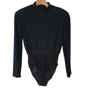 AJ Bari Bodysuit Vintage Sparkly Rhinestones Lace Union Made in USA Black Sz 10